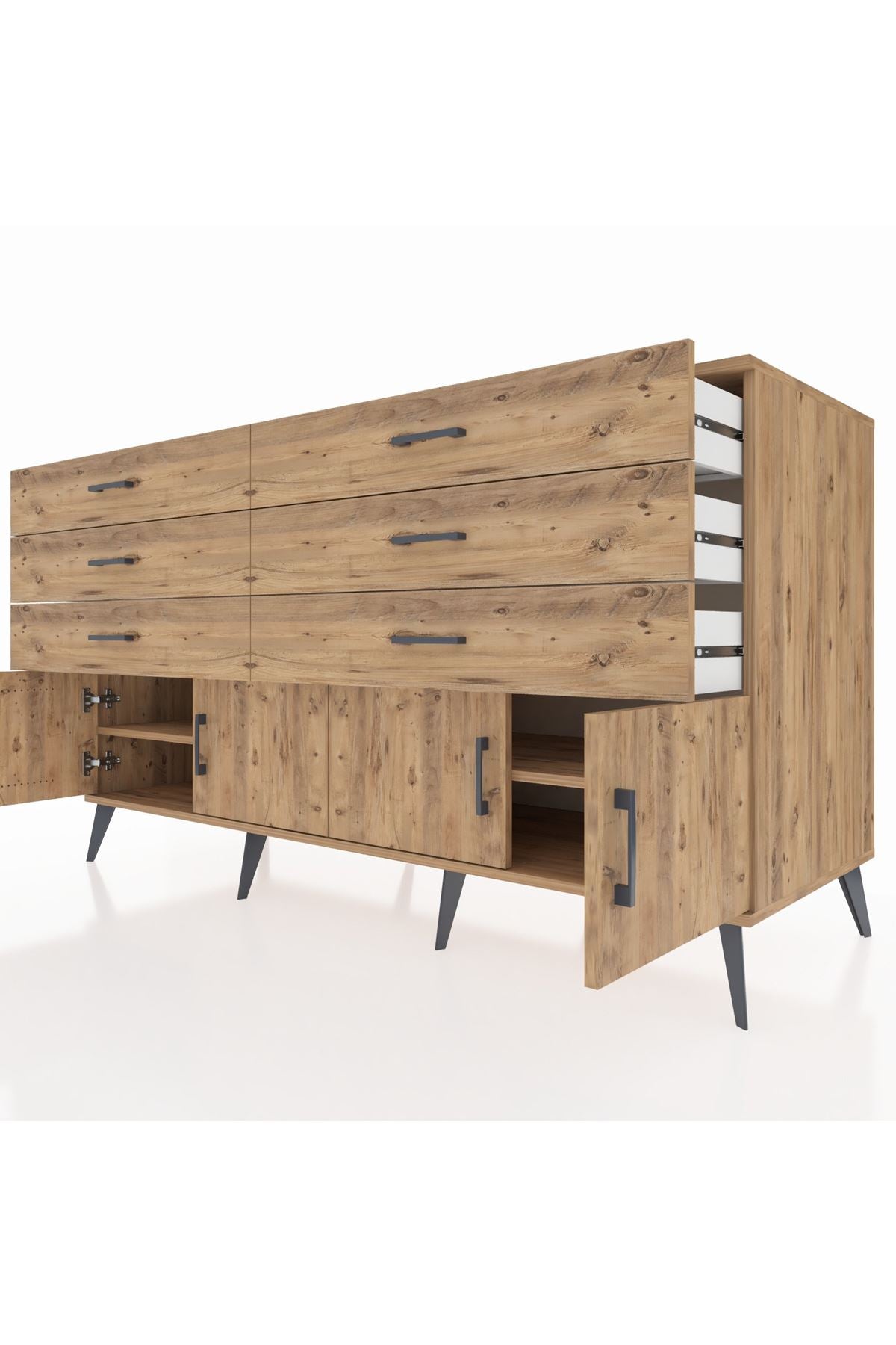 Kronos Konsol 2 Raflı 6 Çekmeceli 4 Kapaklı 176x59x99 Çam-Çam