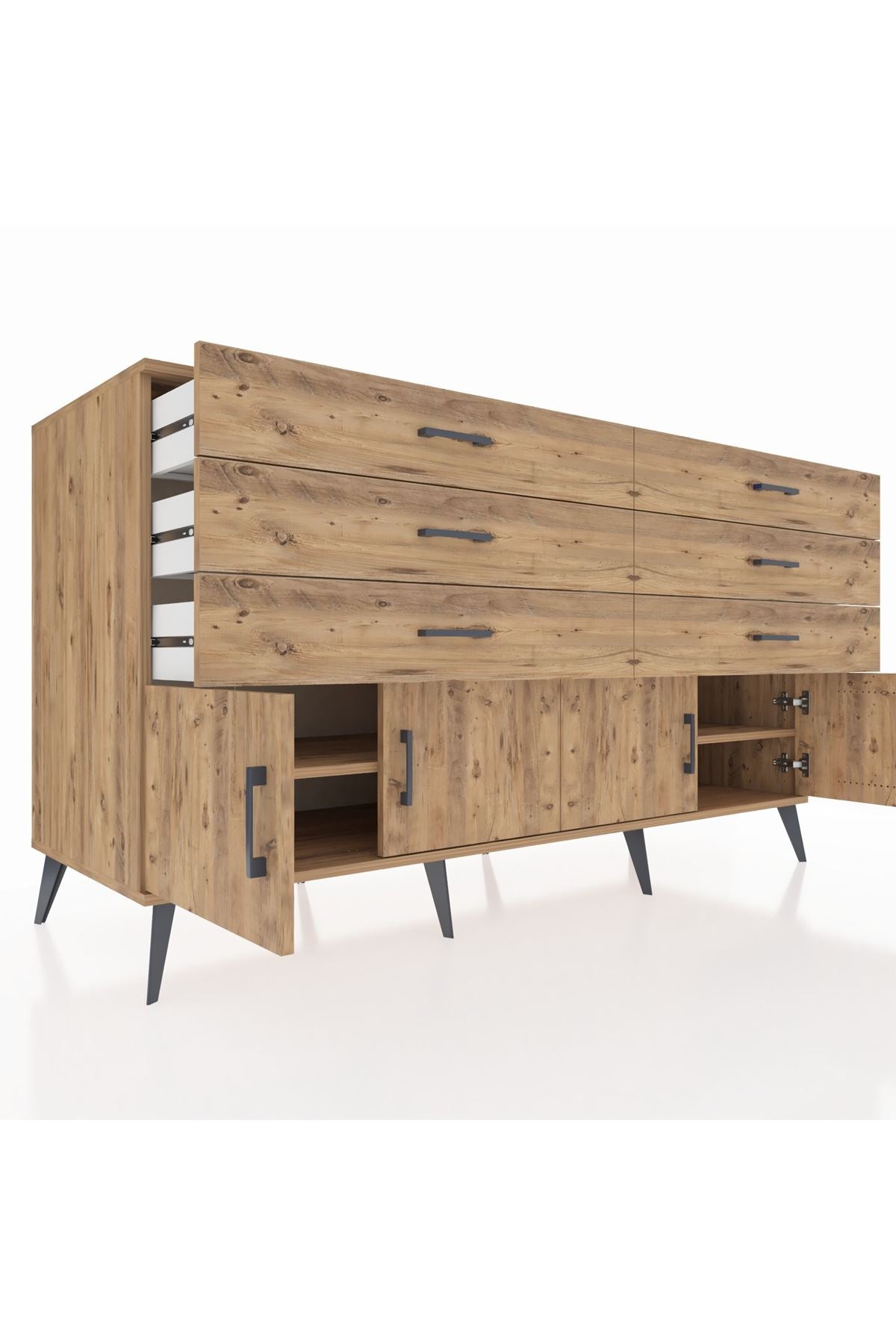 Kronos Konsol 2 Raflı 6 Çekmeceli 4 Kapaklı 176x59x99 Çam-Çam