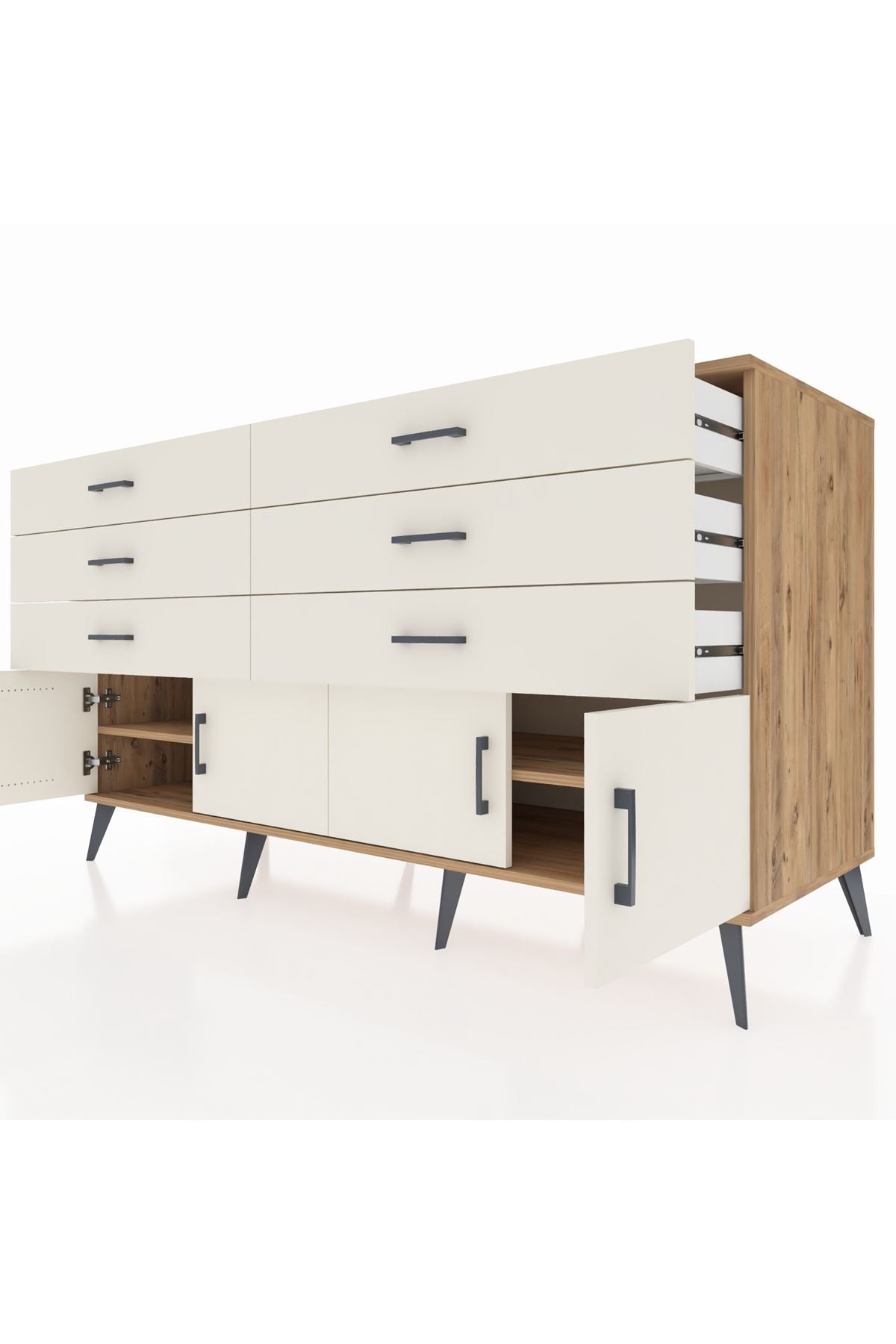 Kronos Konsol 2 Raflı 6 Çekmeceli 4 Kapaklı 176x59x99 Çam-Aytaşı