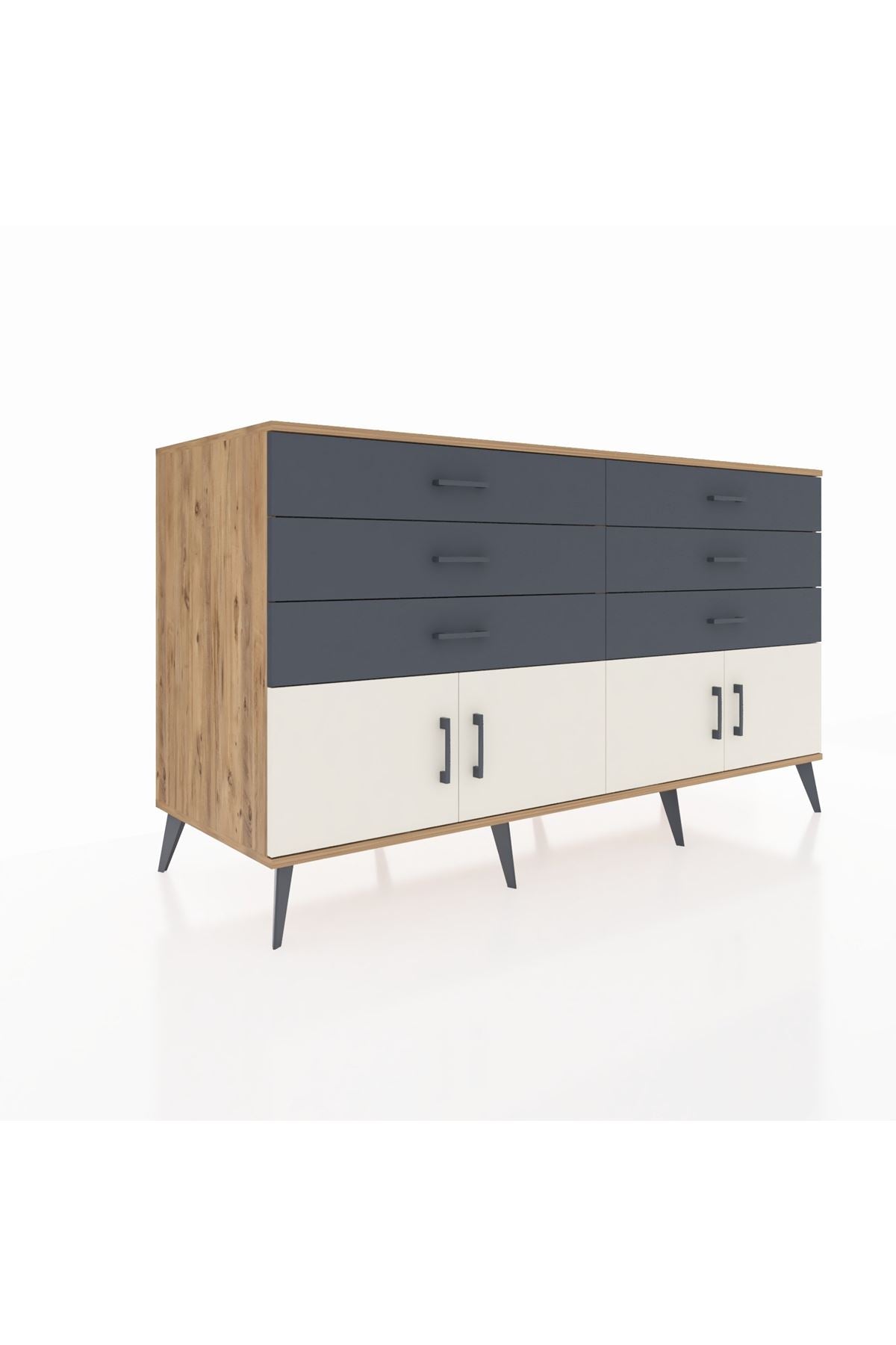 Kronos Konsol 2 Raflı 6 Çekmeceli 4 Kapaklı 176x59x99 Çam-Aytaşı/Antrasit