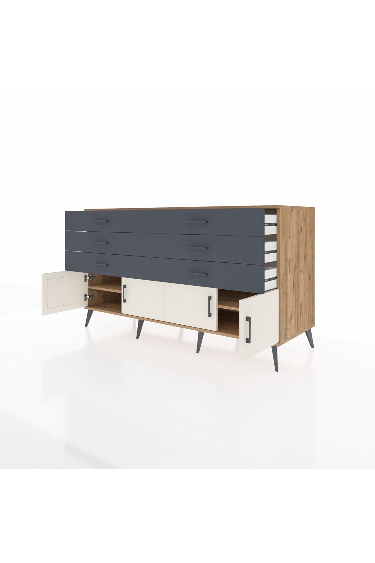 Kronos Konsol 2 Raflı 6 Çekmeceli 4 Kapaklı 176x59x99 Çam-Aytaşı/Antrasit