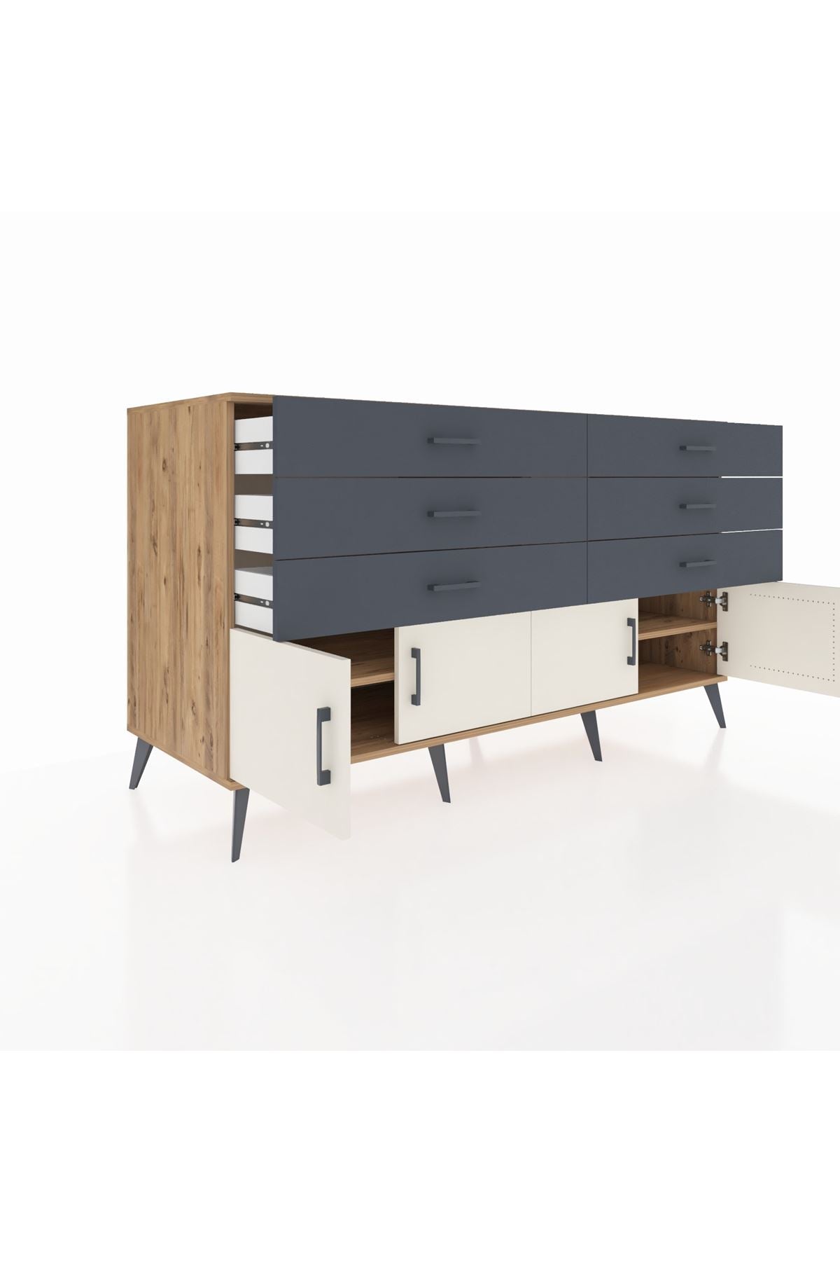 Kronos Konsol 2 Raflı 6 Çekmeceli 4 Kapaklı 176x59x99 Çam-Aytaşı/Antrasit