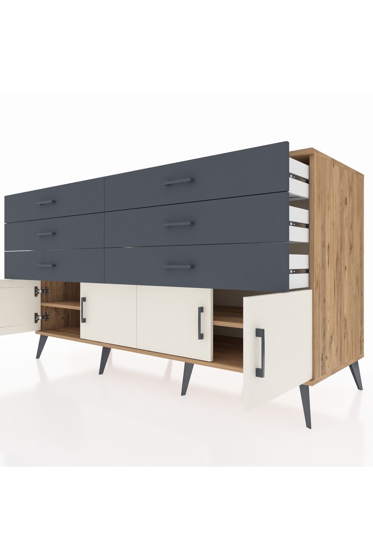 Kronos Konsol 2 Raflı 6 Çekmeceli 4 Kapaklı 176x59x99 Çam-Aytaşı/Antrasit