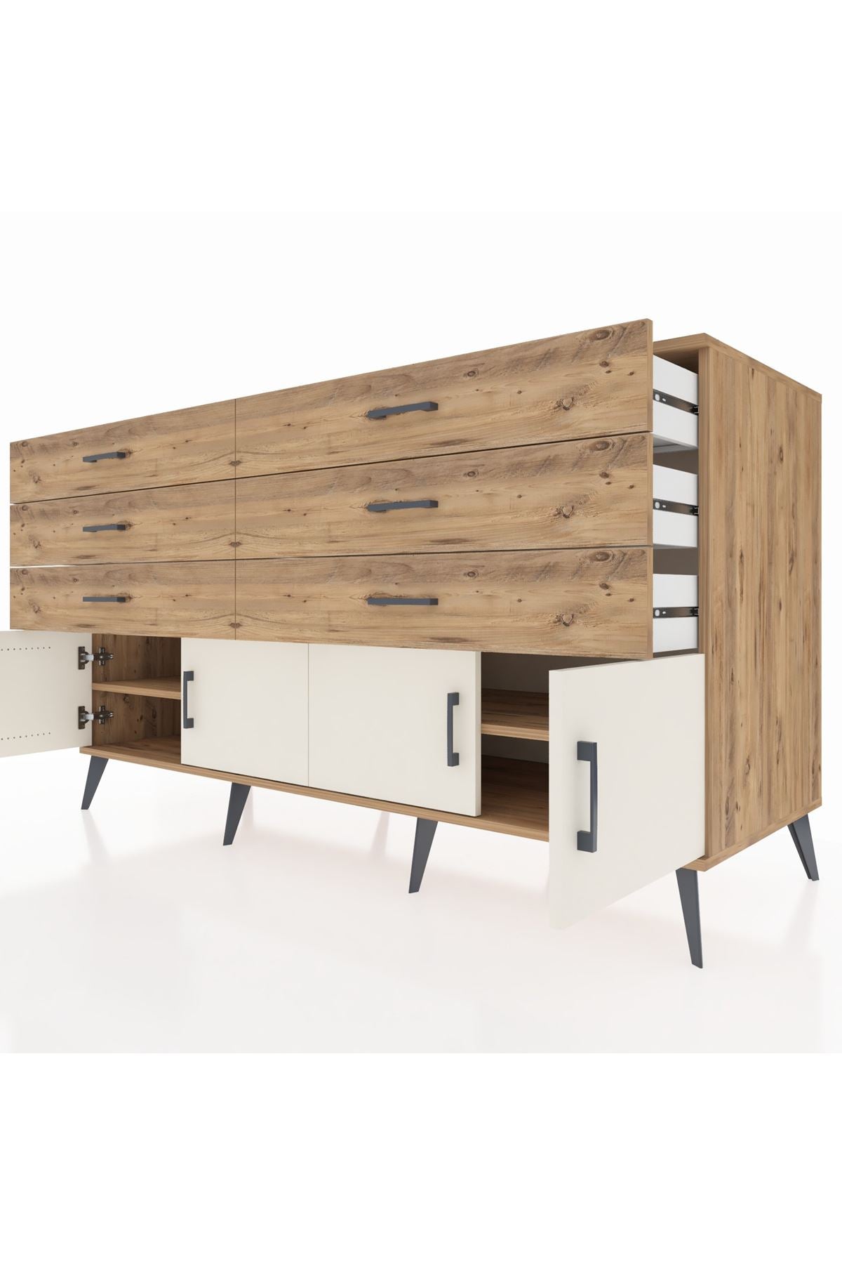 Kronos Konsol 2 Raflı 6 Çekmeceli 4 Kapaklı 176x59x99 Çam-Aytaşı/Çam