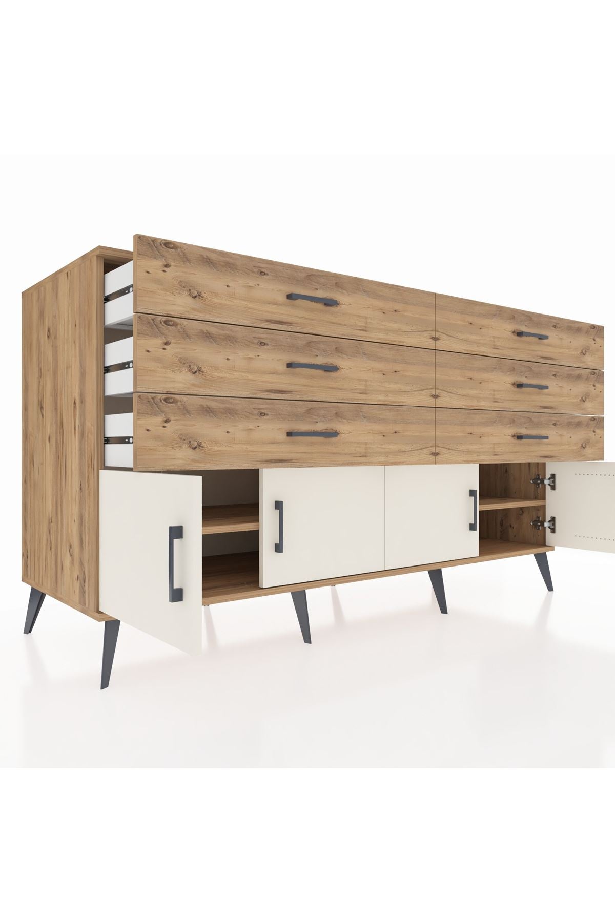 Kronos Konsol 2 Raflı 6 Çekmeceli 4 Kapaklı 176x59x99 Çam-Aytaşı/Çam