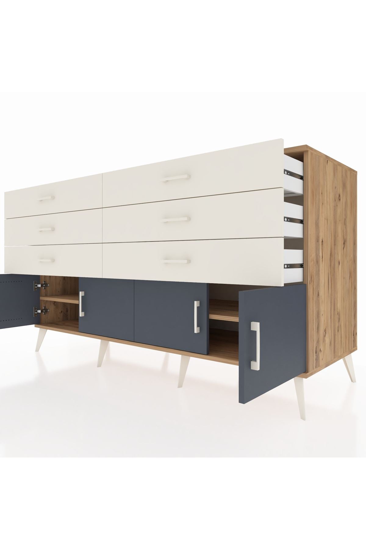 Kronos Konsol 2 Raflı 6 Çekmeceli 4 Kapaklı 176x59x99 Çam-Antrasit/Aytaşı