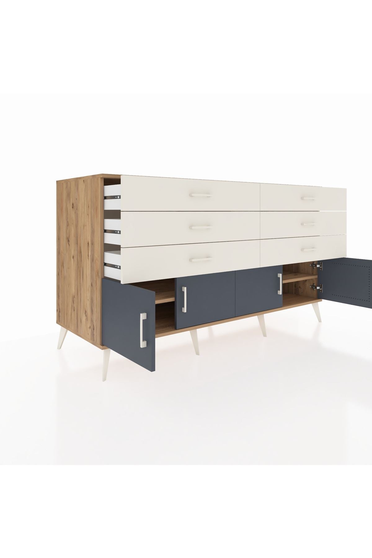 Kronos Konsol 2 Raflı 6 Çekmeceli 4 Kapaklı 176x59x99 Çam-Antrasit/Aytaşı