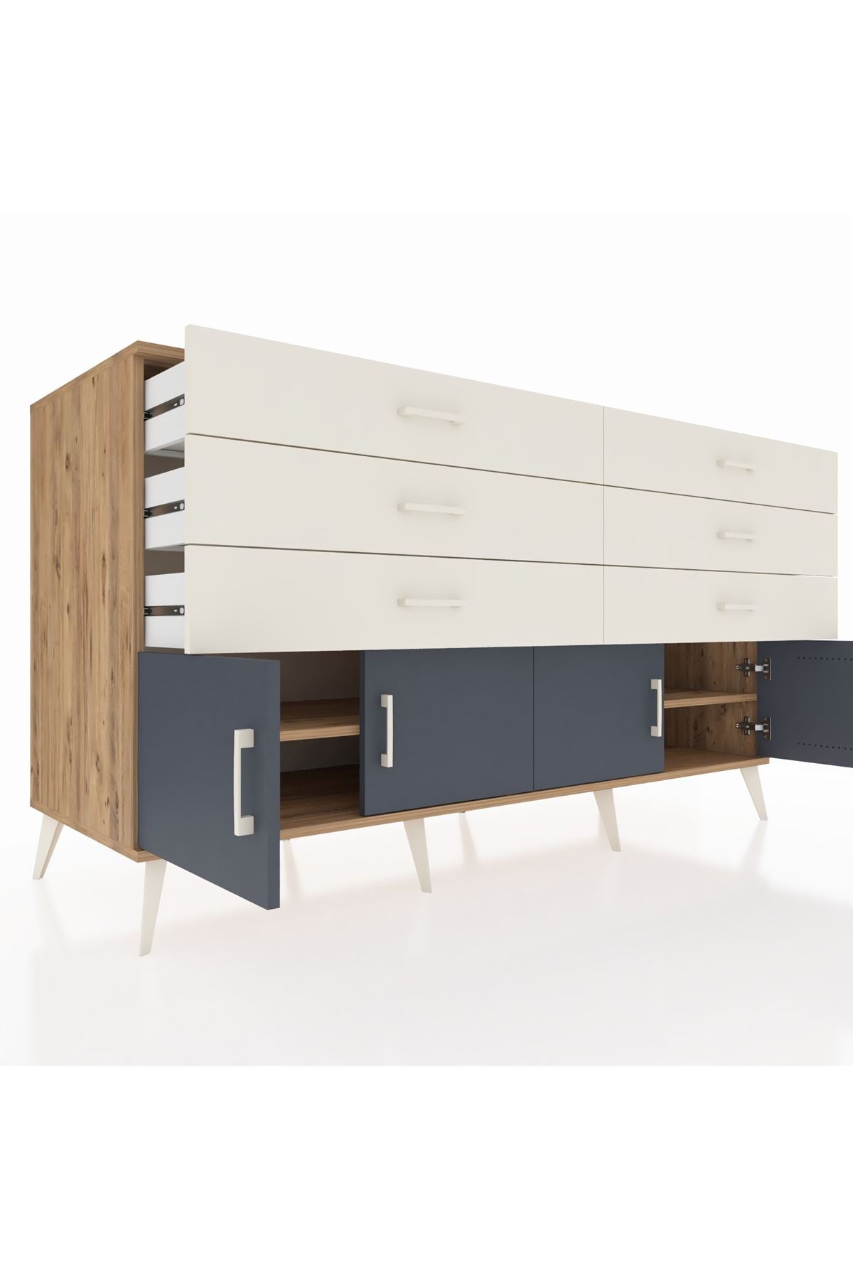 Kronos Konsol 2 Raflı 6 Çekmeceli 4 Kapaklı 176x59x99 Çam-Antrasit/Aytaşı