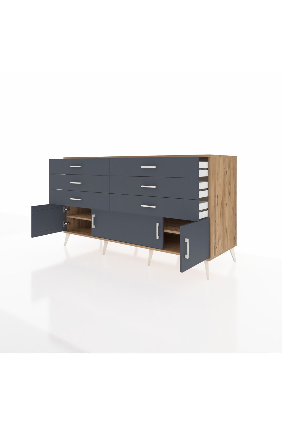 Kronos Konsol 2 Raflı 6 Çekmeceli 4 Kapaklı 176x59x99 Çam-Antrasit