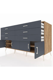 Kronos Konsol 2 Raflı 6 Çekmeceli 4 Kapaklı 176x59x99 Çam-Antrasit