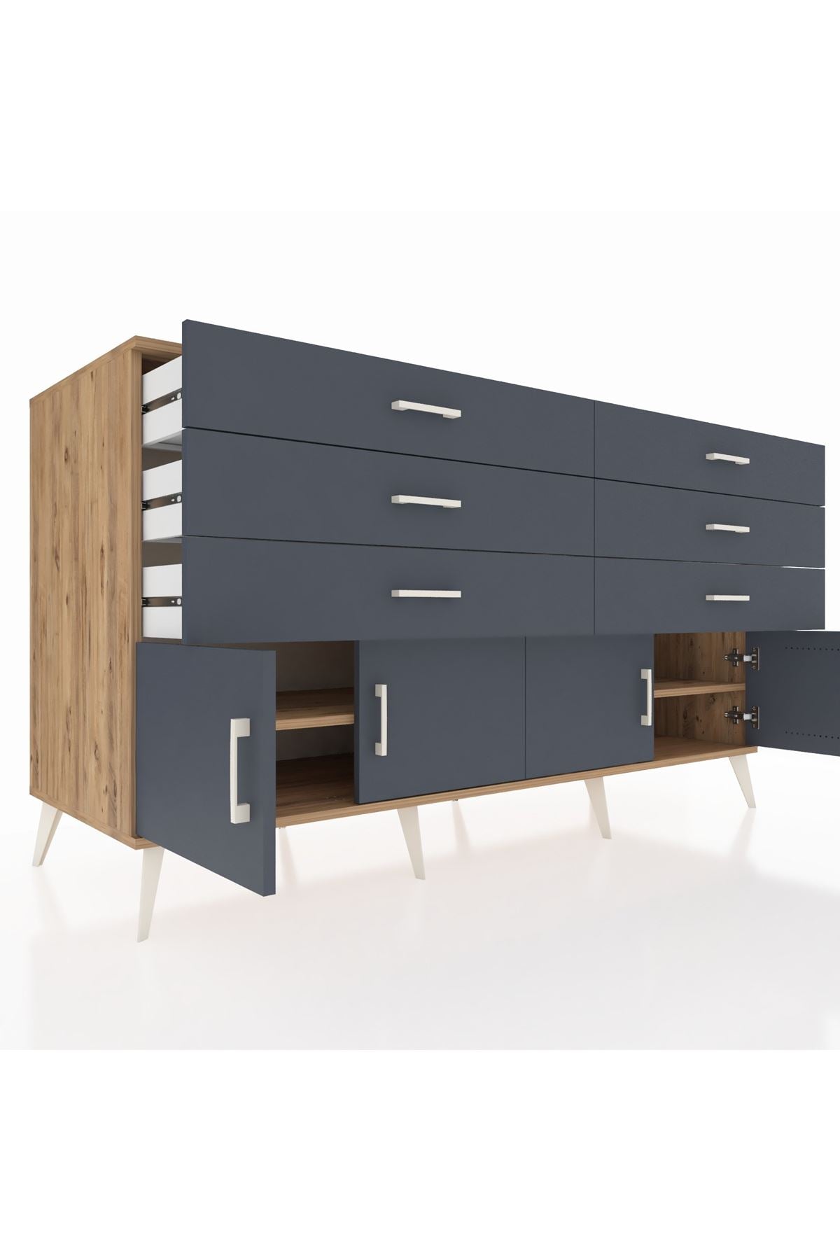 Kronos Konsol 2 Raflı 6 Çekmeceli 4 Kapaklı 176x59x99 Çam-Antrasit