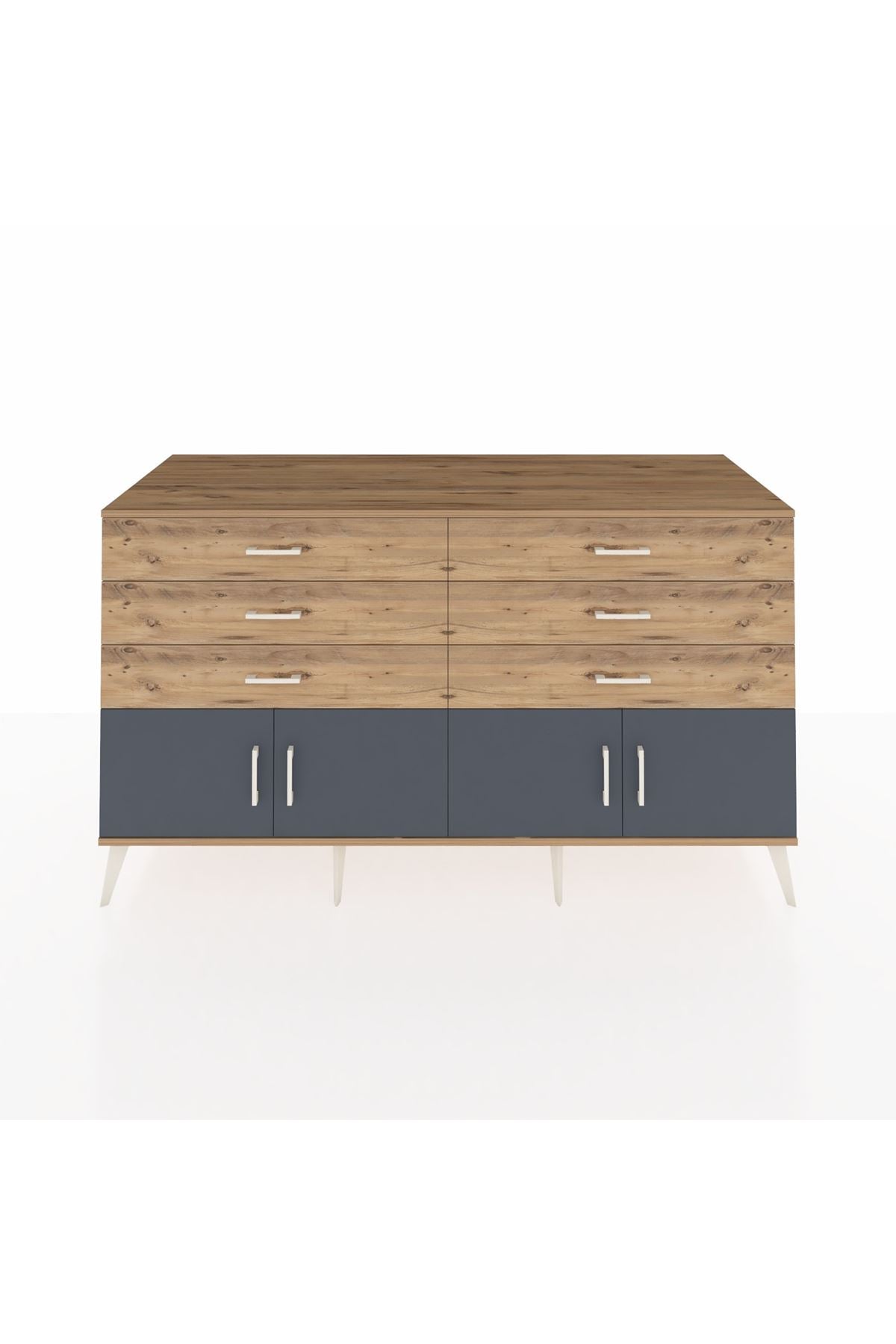 Kronos Konsol 2 Raflı 6 Çekmeceli 4 Kapaklı 176x59x99 Çam-Antrasit/Çam