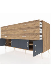 Kronos Konsol 2 Raflı 6 Çekmeceli 4 Kapaklı 176x59x99 Çam-Antrasit/Çam