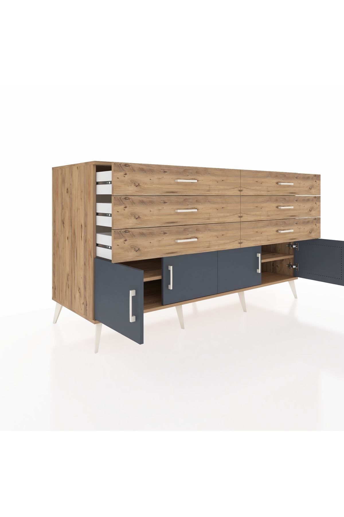 Kronos Konsol 2 Raflı 6 Çekmeceli 4 Kapaklı 176x59x99 Çam-Antrasit/Çam