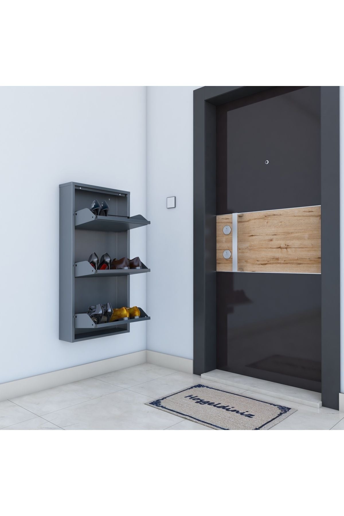 Dienni Ayakkabılık 3 Katlı Metal Antrasit Modern Tasarım Dayanıklı