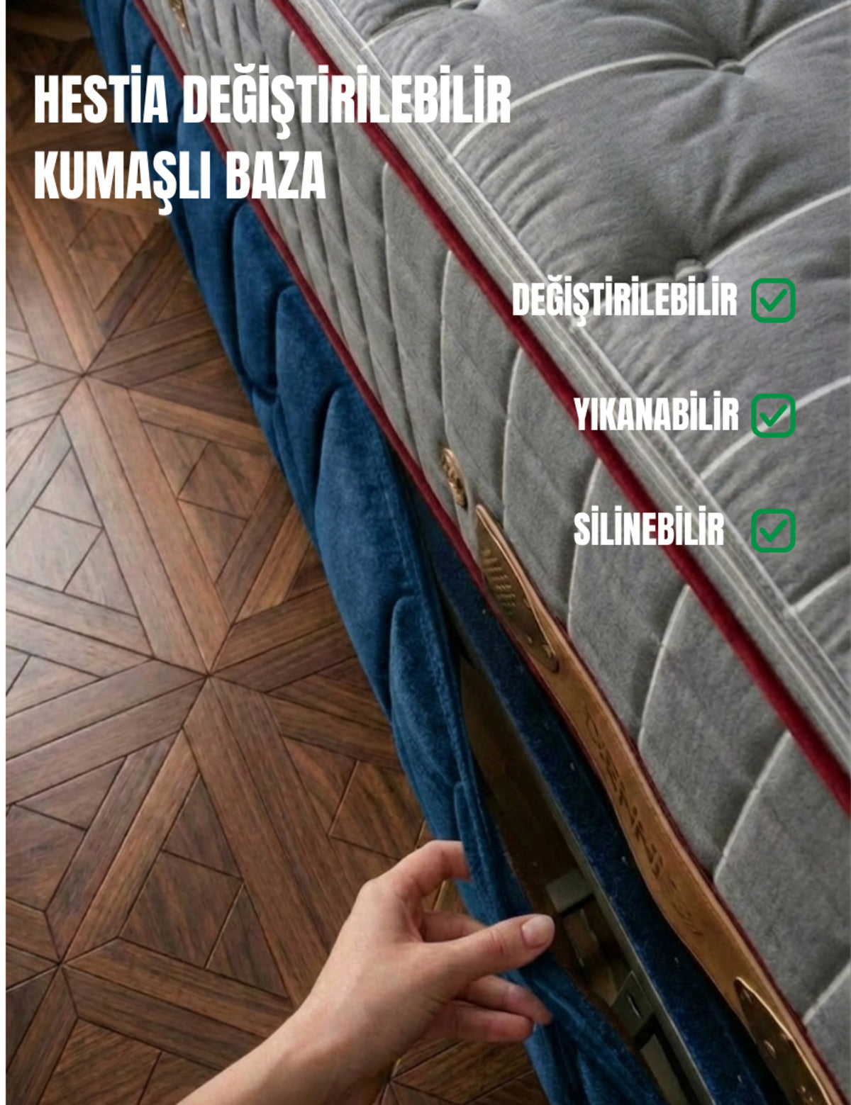 Dienni Hestia Modüler Demonte Değiştirilebilir Kumaşlı Çelik Sandıklı Amortisörlü Baza Başlık Seti - Mavi